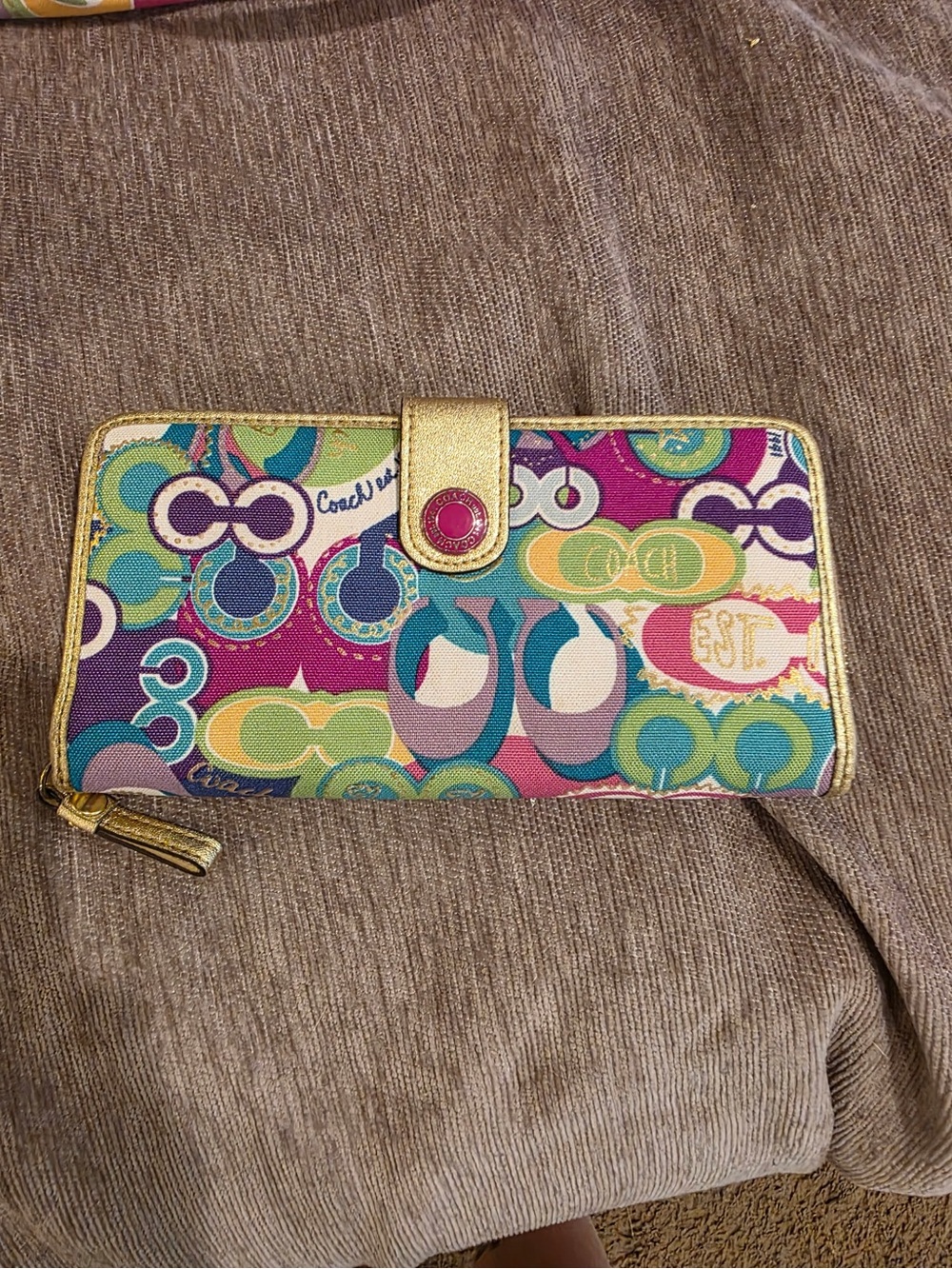 Coach Multicolor Signature Pattern Wallet with Gold Trim